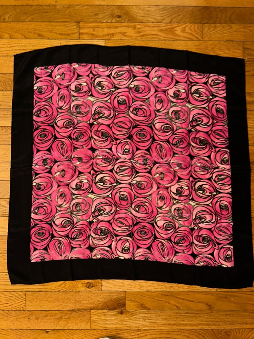 RARE MOMA Charles Rennie Mackintosh Pink Rose Print silk Scarf with Black Trim